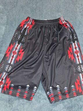 Nu Trendz Men's Black Athletic Shorts with Red Geometric Trim